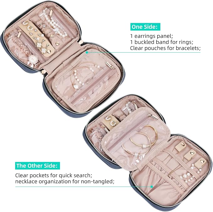 NISHEL Travel Jewelry Case Organizer, Tangle-Free Necklace Storage Bag | Stores rings, earrings, bracelets and watches in a compact case for travel and daily use, Aegean-Blue, Small