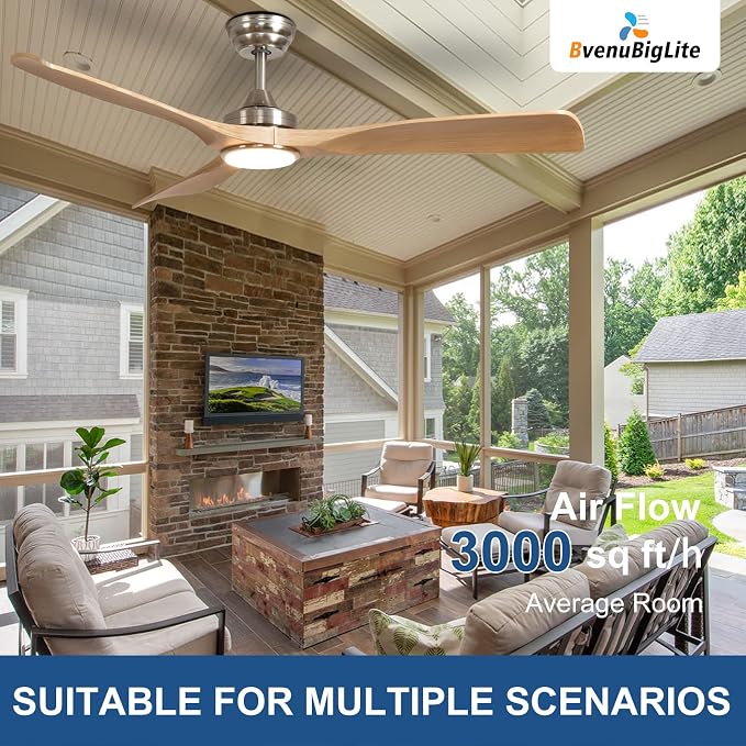 Outdoor Ceiling Fan with Light: 52 Inch 3 Blade Outdoor Fans for Patios - Modern Wood Ceiling Fan with Dimmable Light Remote APP Control Ultra Quiet Reversible DC Motor Timer