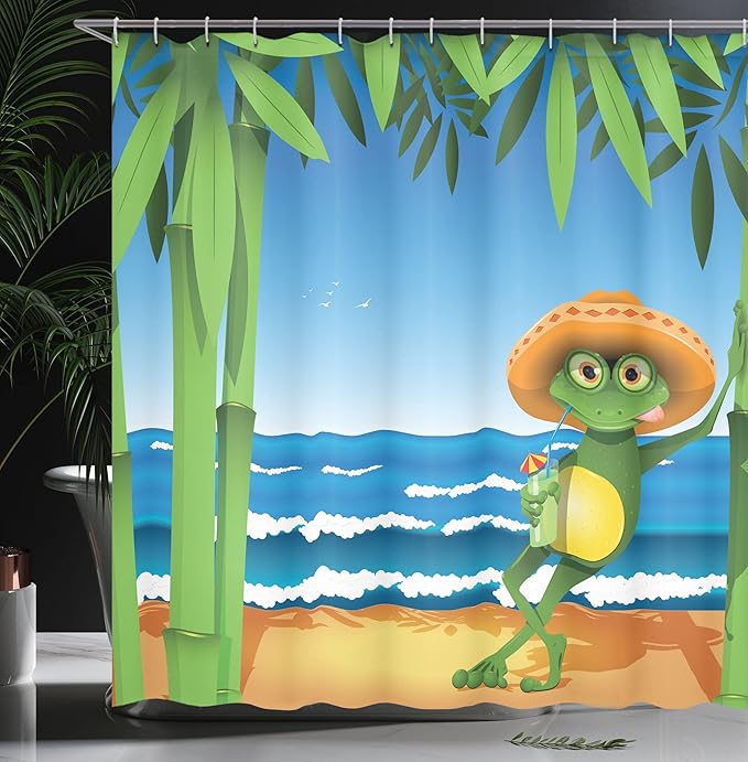 Ambesonne Animal Shower Curtain, Illustration of a Frog on Sandy Beach with Palm Trees and Ocean Tropical Print, Cloth Fabric Bathroom Decor Set with Hooks, 69" W x 70" L, Cream Green