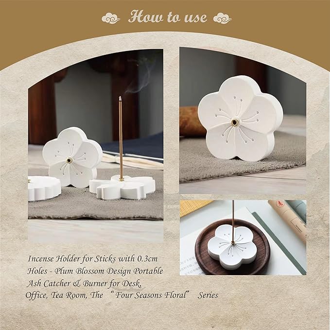 Incense Holder for Sticks with 0.3cm Holes - Cherry Blossom Design Portable Ash Catcher & Burner for Desk, Office, Tea Room, The “Four Seasons Floral” Series
