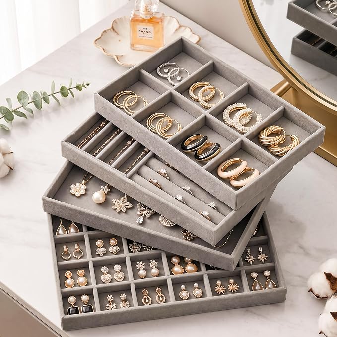 Jewelry Organizer for Drawer, Velvet Jewelry Drawer Organizer Inserts, 4-Layer Grey Stackable Jewelry Trays for Rings Earrings Necklaces Bracelets with Removable Dividers for Dresser Vanity