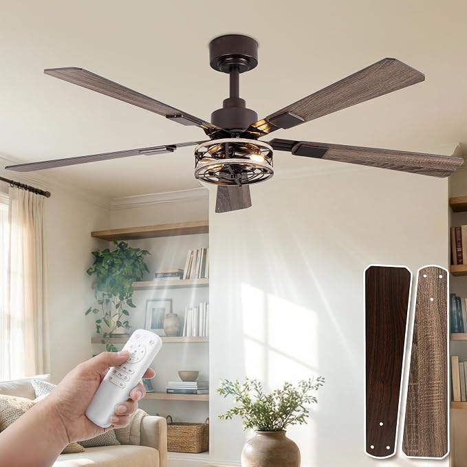 52 Inch Ceiling Fans with Lights, Remote Control Farmhouse Caged Flush Mount Ceiling Fans 2 Pack, 6-Speed Quiet and Reversible DC Motor Ceiling Light Fixtures for Bedroom, Living Room, Walnut