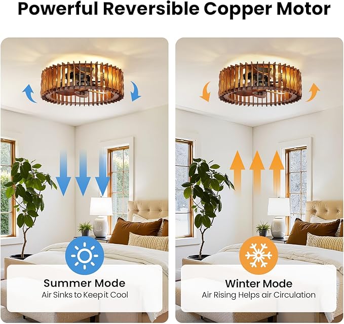20" Flush Mount Ceiling Fan with Light, Wooden Caged Low Profile Fandelier with Remote, 6-Speed Reversible Bladeless Fan, Farmhouse Ceiling Fan for Bedroom, Kitchen, Living Room