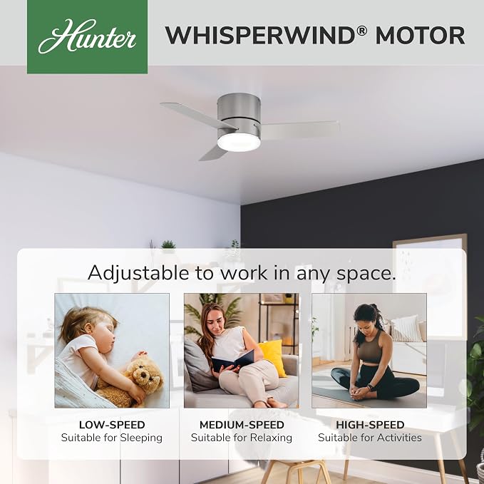 Hunter Minimus, Indoor, Ceiling Fan, Modern, Quiet, 44 inch, Brushed Nickel | with LED Light, Low Profile Flush Mount, Remote Control, 3 Blades, For Bedroom, Living Room, 59454
