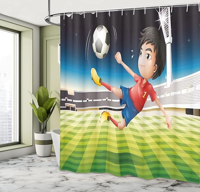 Ambesonne Sports Shower Curtain, Young Boy Playing Football in The Stadium Athlete Sports Soccer Championship Graphic, Cloth Fabric Bathroom Decor Set with Hooks, 69" W x 70" L, Yellow Green