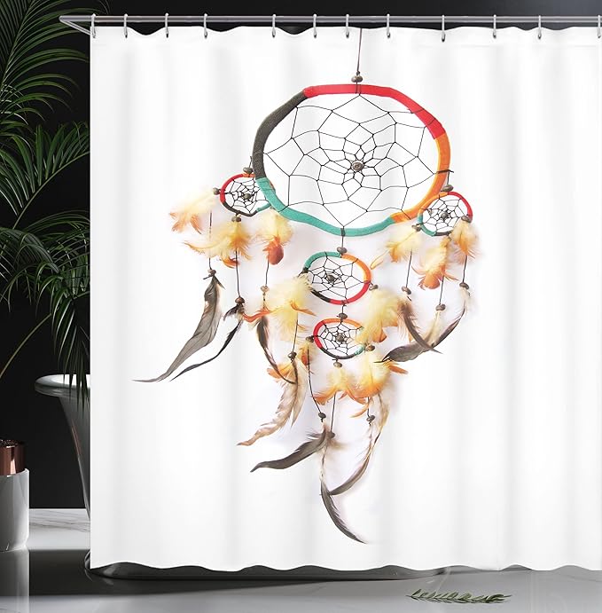 Ambesonne Tribal Shower Curtain, Retro Style Bohemian Dreamcatcher Image Indigenous Culture Feather, Cloth Fabric Bathroom Decor Set with Hooks, 69" W x 84" L, White Pale Yellow Red