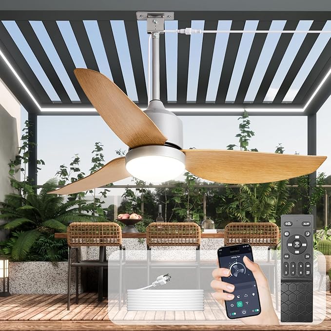 Depuley 42-Inch Ceiling Fans with Lights: Outdoor Waterproof Ceiling Fan for Patios - Plug in Gazebo Fans with Remote Control - Low Profile Outdoor Fan 3 CCT DC Motor for Pergola Porch - Wood Color