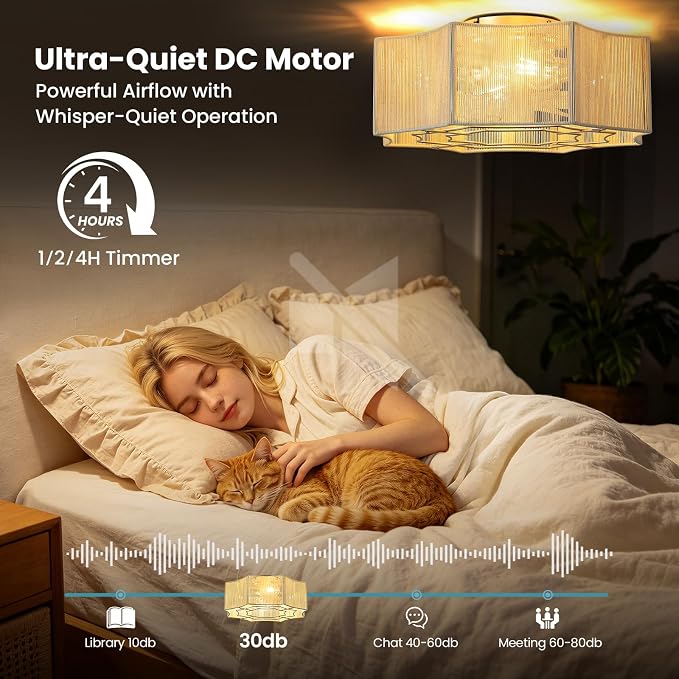 Boho Ceiling Fan with Light, 20'' Flush Mount Caged Ceiling Fan with Light Remote Control, Cotton Rope Low Profile Fandelier with 6 Speeds for Bedroom, Living Room