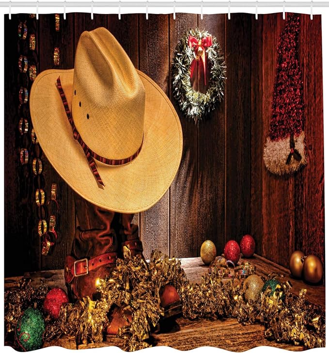 Ambesonne Western Shower Curtain, Farmhouse with Christmas Celebrations with Wreath Americana Style Image Print, Cloth Fabric Bathroom Decor Set with Hooks, 69" W x 75" L, Brown Cream