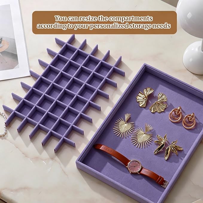 Large Velvet Jewelry Tray 2 Pack Stackable Jewelry Display Drawer Inserts Trays Organizer for Earring Bracelet Necklace Ring (Purple, 48 Grids)