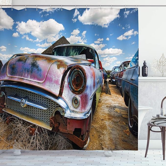 Ambesonne Vintage Shower Curtain, Abandoned Vintage Cars Rusting in a Ghost Town Cloudy Sky Digital Image, Cloth Fabric Bathroom Decor Set with Hooks, 69" W x 70" L, Pale Coffee and Blue