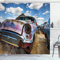 Ambesonne Vintage Shower Curtain, Abandoned Vintage Cars Rusting in a Ghost Town Cloudy Sky Digital Image, Cloth Fabric Bathroom Decor Set with Hooks, 69" W x 70" L, Pale Coffee and Blue