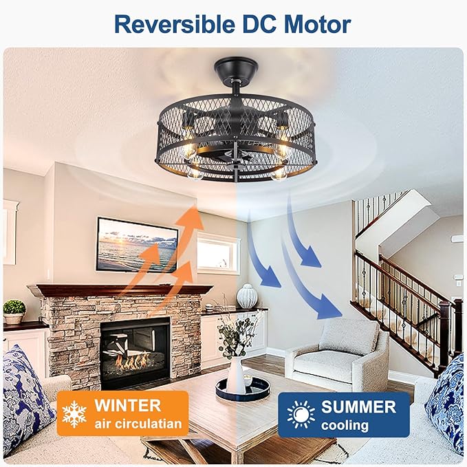 DLLT Caged Ceiling Fan with Light: 20" Farmhouse Fandelier with Lights and Remote Control - Black Rustic Semi Flush Mount Bladeless Ceiling Fans Enclosed Fan for Bedroon Kitchen Living Dining Room