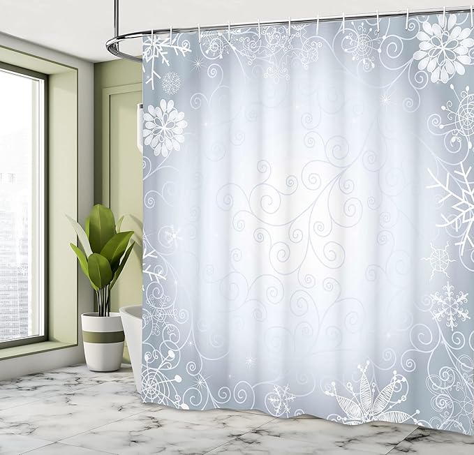Ambesonne Ombre Shower Curtain, Christmas Theme Gentle Frame with Curls Swirls Snowflakes Lace Inspired Motif, Cloth Fabric Bathroom Decor Set with Hooks, 69" W x 75" L, Pale Blue Coconut