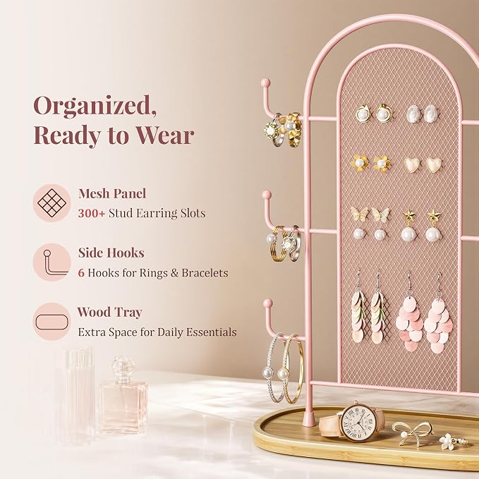 bussdis Jewelry Holder Organizer Earring Display - Earring Storage Tree Stands Towers With 6 Hooks 300 Studs Wood Tray Pink Metal Rack