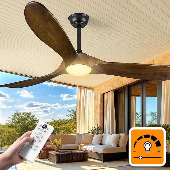 Haipeel 52 Inch Outdoor Ceiling Fans with Lights, Dimmable Solid Wood Ceiling Fan with Light and Remote Control 3 Blades Rustic Propeller Ceiling Fans for Patios Indoor Bedroom, Oil Rubbed Bronze