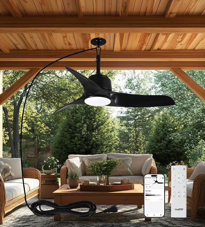 42" Outdoor Ceiling Fans with Lights, IP66 Wet Rated Waterproof Ceiling Fan with Remote Control, 6-Speed DC Motor, Farmhouse Gazebo Fan for Porch Patios Pavilion (Black)