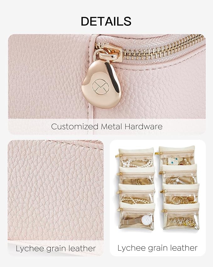 VLANDO Jewelry Travel Case,Gifts for Women,Travel Jewelry Organizer with Clear Velvet Jewelry Bags Zipper Pouch for Women Girl Gift-Pink 8Pcs