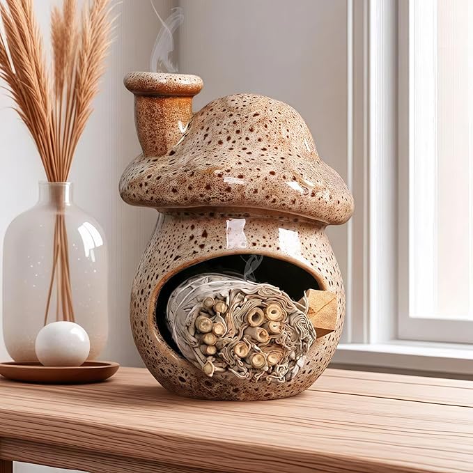 Mushroom Incense Holder, Ceramic Palo Santo Holder – Suitable for Burning Sage & Palo Santo - Mini Chimenea-Style Burner, an Incense Burner for Spiritual Meditation, Yoga or Home Decoration