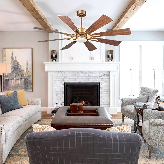 60 inch Gold Ceiling Fan, Indoor & Outdoor Large Ceiling Fans with Lights and Remote, 8 Blades, Quiet DC Motor, High Ceiling Fan for Kitchen Living Room Garage, 3 CCT, 6 Speed, Timer