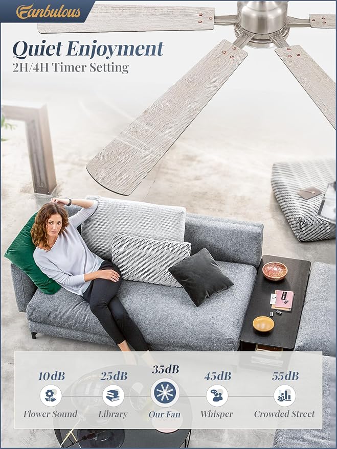 Fanbulous 60 Inch Ceiling Fan with Lights, APP & Remote Control, Flush Mount Low Profile Brushed Nickel Ceiling Fan, 3000-6000K Dimmable LED, Quiet Reversible Motor, 6 Speeds, for Living Room Bedroom