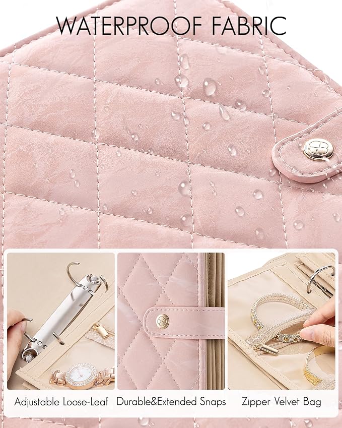 VLANDO Travel Jewelry Organizer Case,Jewelry Storage Book Ring Binder with Clear Zipper Velvet Pouch Bag for Travel Essentials,Rings,Necklace,Earrings,Bracelets,Brooches,Gifts for Women-Sand Pink