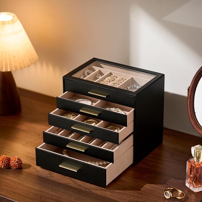 pickpiff Jewelry Box Organizer Case for Women: 5-Layer Jewelry Storage Case with Glass Window, Black Leather with Blush Velvet, Holder for Ring Necklace Bracelet Brooch Watch, Great Gift for Her