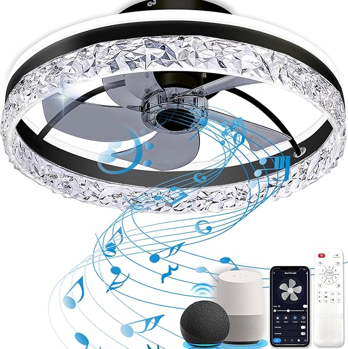 Ceiling Fan with Light, Low Profile Flush Mount Ceiling Fan with Bluetooth Speaker, Smart Ceiling Fan with Alexa & Google Assistant, Voice/APP/Remote Control, 6 Speeds