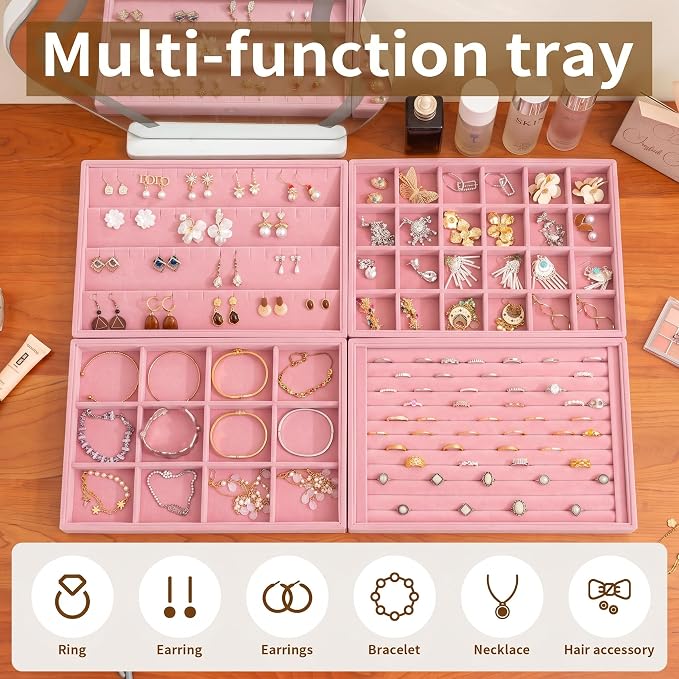 Frebeauty Jewelry Trays for Drawer,Set of 4 Jewelry Organizer and Storage | Velvet Material,Stackable,Adjustable Dividers,Drawer Inserts for Rings Studs Bracelet,Earring Organizer for Women Girls
