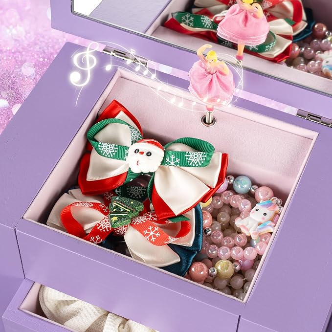 Emfogo Jewelry Box for Girls, Musical Jewelry Box with Spinning Dancer Gifts for Little Girls Christmas New Year Birthday Children's Day, 5 Layer Large Wooden Kids Music Jewelry Organizer Box(Purple)