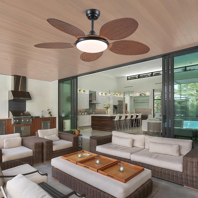 48"Tropical Style Palm Leaf Ceiling Fans with LED Lights and Remote & APP | Supports Remote and APP, 6 Wind Speeds, Reversible, Dimmable 3CCT LED, 35W Quiet DC Motor,Suits for Bedroom Kitchen