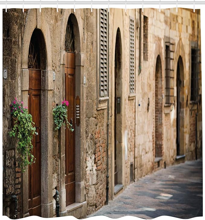 Ambesonne Landscape Shower Curtain, Street Wine Old House in Italy Tuscany Street Floral Details Blurred Background, Cloth Fabric Bathroom Decor Set with Hooks, 69" W x 84" L, Pale Brown