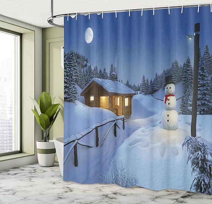 Ambesonne Christmas Shower Curtain, Wooden Rustic Log Cottage Scenery in The Winter Season Warm Moonlight, Cloth Fabric Bathroom Decor Set with Hooks, 69" W x 75" L, Ivory Blue