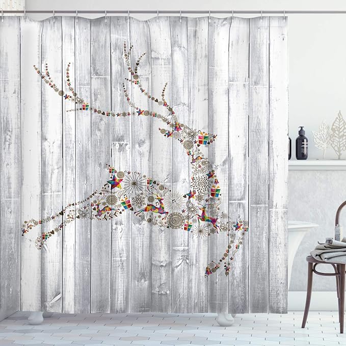 Ambesonne Deer Shower Curtain, Colorful Animal Silhouette Various Christmas Elements Wooden Planks Theme, Cloth Fabric Bathroom Decor Set with Hooks, 69" W x 75" L, Grey Multicolor