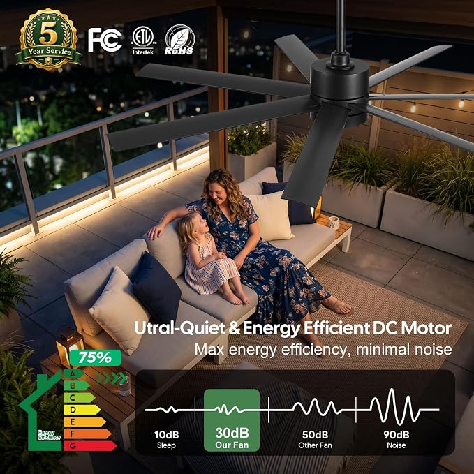 All Weather Wet-Rated Outdoor Ceiling Fan with Lights Waterproof for Patio, 56 Inch High CFM Black Outdoor Fan with UV Coating 7 Blades for Large Exterior indoor Gazebo Terraces, Porch, Commercial