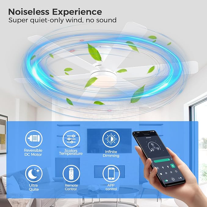 GJeg Ceiling Fans with Lights,46" Low Profile Ceiling Fan with Light and Remote Control,Flush Mount, Reversible, Dimmable, Noiseless, White Ceiling Fan for Bedroom