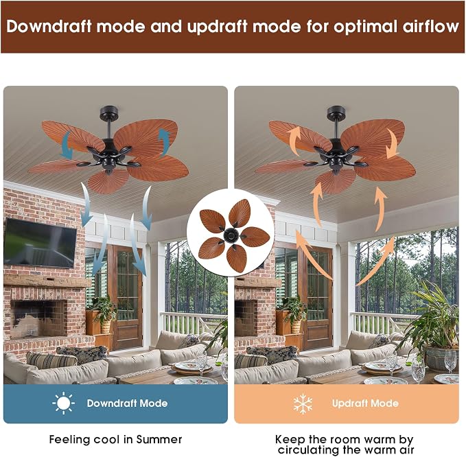 52 Inch Waterproof Outdoor Palm Leaf Ceiling Fans without Lights and Remote | IP44 Wet-rated,6 Wind Speeds, Reversible, 40W Quiet DC Motor,1/4/8H Timer,Suit for Patios Porch Gazebo Pergola