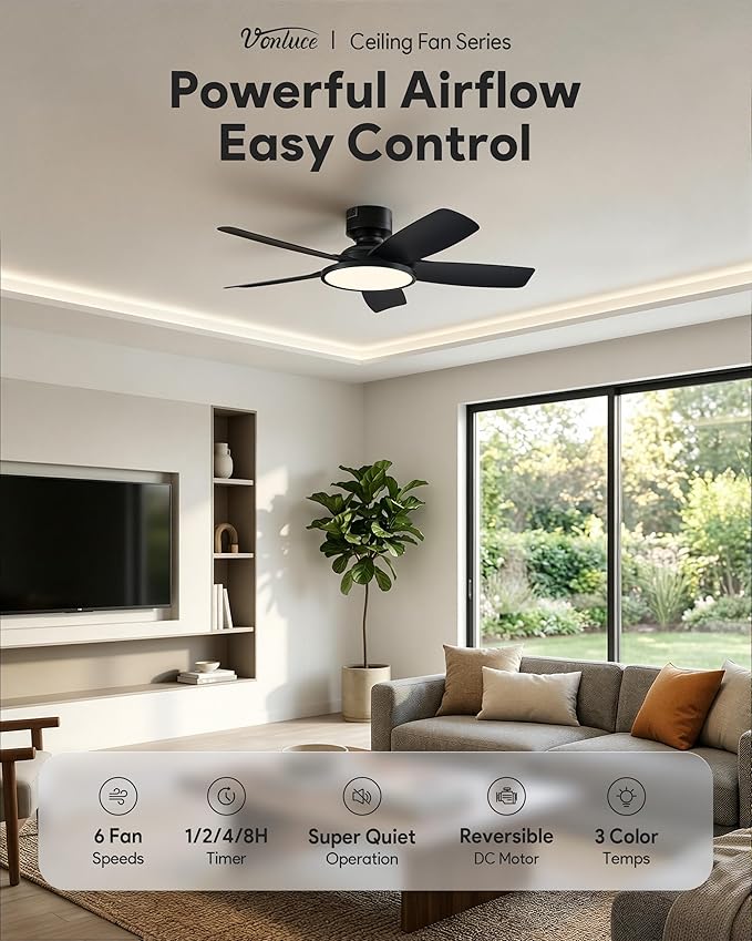 VONLUCE 42 Inch Ceiling Fan with Lights, Quick Install Ceiling Fan and Remote, 6-Speeds Noiseless Reversible DC Motor, 3CCT, Modern Ceiling Fan for Bedroom Living Room Kitchen, Black