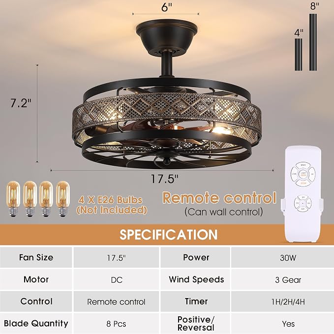 SHIHOT 18" Small Black Industrial Caged Ceiling Fans with Lights and Remote | Safe Caged-Design,Supports Both Remote Control and APP,6 Wind Speeds, Reversible, Quiet DC Motor,Suits for Bedroom Kidsroom