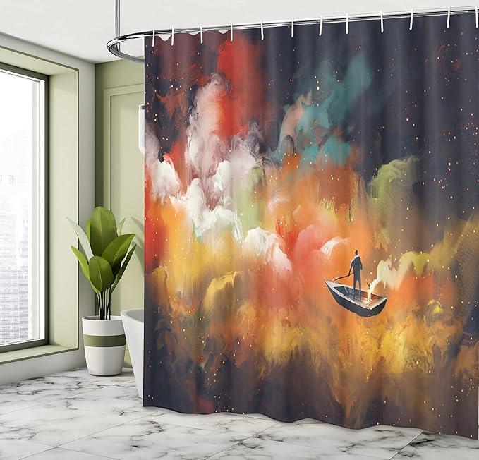 Ambesonne Fantasy Shower Curtain, Man on a Boat Floating Within Nebula Cloud in Vivid Colorful Psychedelic Background, Cloth Fabric Bathroom Decor Set with Hooks, 69" W x 84" L, Night Blue