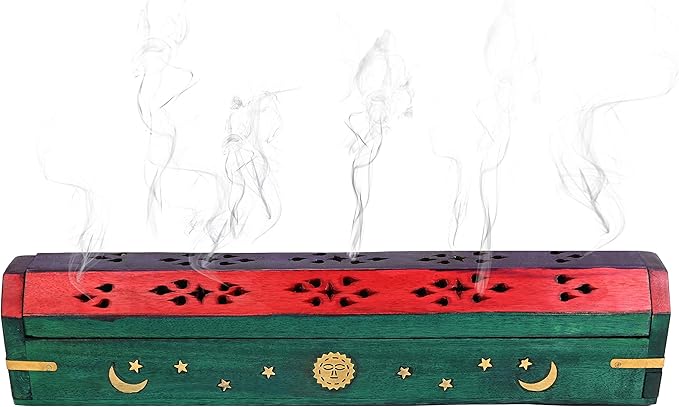 Incense Garden Pack of 2 Incense Stick Holder - Coffin Style - Wood Incense Stick Burner with Sun Moon Star Inlays Handmade with Brass Inlays (Multicolor)