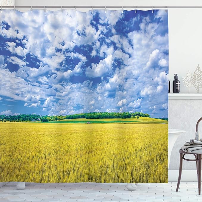 Ambesonne United States Shower Curtain, Wheat Farm in Sunny Day Kansas USA Countryside Summer Getaway, Cloth Fabric Bathroom Decor Set with Hooks, 69" W x 84" L, Apple Green Blue White