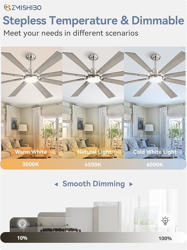 ZMISHIBO 65 Inch Ceiling Fans with Lights and Remote, Brushed Nickel Large Ceiling Fan with 3000-6000K Dimmable, Quiet Reversible DC Motor, 6 Speeds, Indoor/Outdoor Ceiling Fan for Patios Living Room