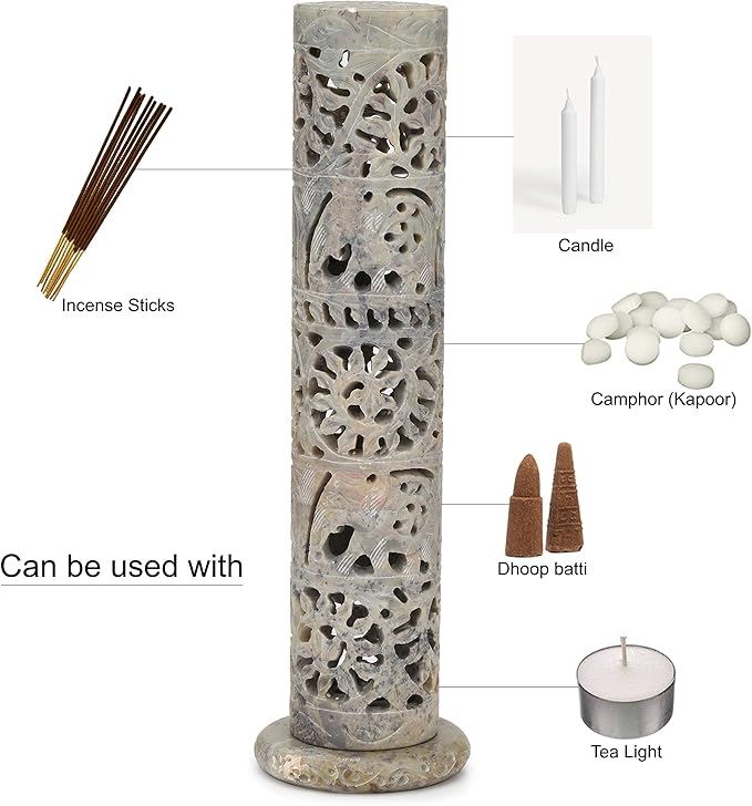 Carry Me Marble Soapstone Incense Stick Holder | Candle Burner | Tea Light Holder - Perfect Handmade Elephant Carving for Gifting. Decorative Home and Office Decor.(3 x 3 x 10.5 Inches)