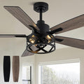 52" Farmhouse Ceiling Fan with Lights and Remote, Rustic Ceiling Fan Black Caged Fandelier Large Industrial Chandelier Light for Bedroom Living Room, Reversible DC Motor 6 Speeds