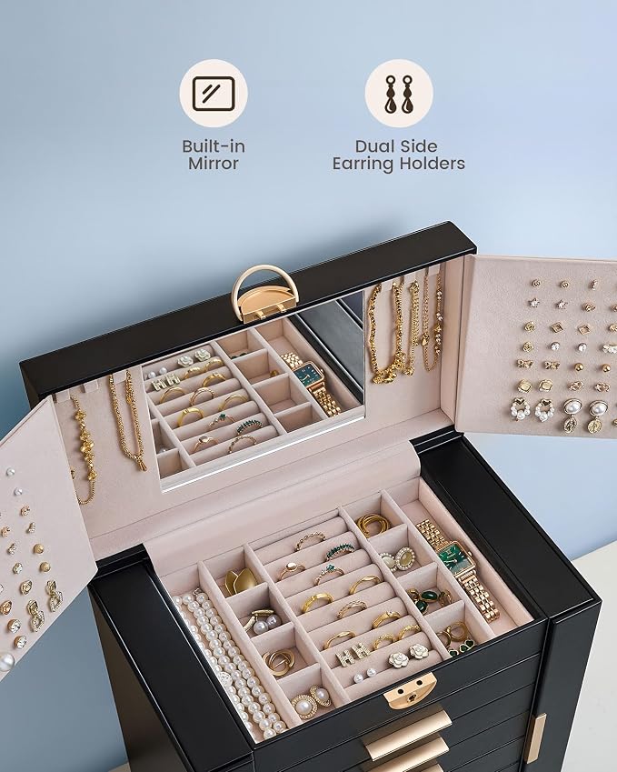 Lolalet Large Jewelry Box Organizer for Women, 7-Layer Jewelry Organizers and Storage Case with Mirror & 6 Drawers, Lockable Watch Ring Earring Bracelet Necklace Holder Girls Gift -7Layer, Black