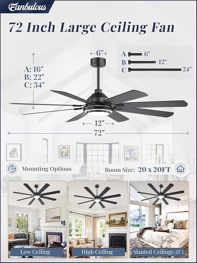 Fanbulous 72 Inch Ceiling Fans with Lights and Remote, Black Ceiling Fan with 8 Dual-Color Blades, Indoor/Outdoor Large Ceiling Fans, Reversible DC Motor, 6-Speed, 3CCT for Living Room Kitchen Patio