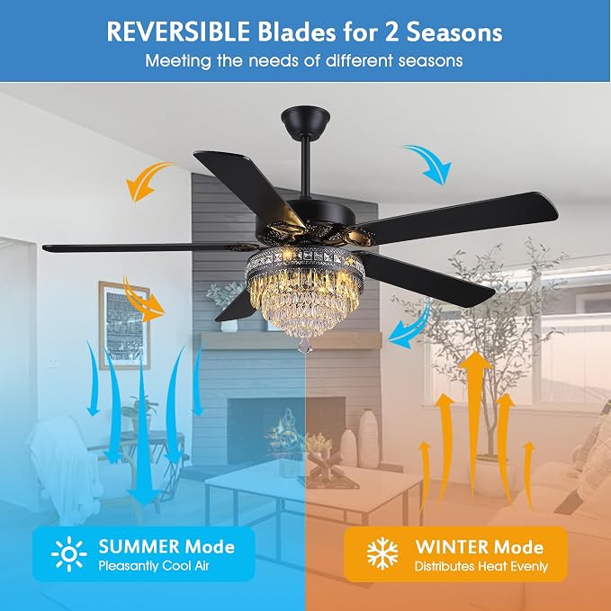 GJeg Crystal Ceiling Fan Fandelier with Lights - Outdoor Ceiling Fans with Remote Control, Farmhouse Ceiling Fan with Noiseless DC Reversible Motor,Dining Room,Living Room(62" Black)