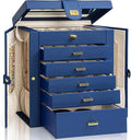 AKOZLIN 6-Tier Jewelry Box Organizer Functional 5 Drawers Leather Jewelry Storage Case for Women Girls Ring Necklace Earring Bracelet Holder Organizer with Mirror Blue Large