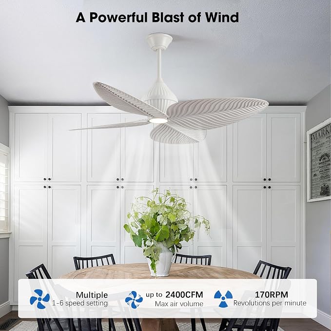 52" Tropical Ceiling Fans with Lights, Indoor Palm Leaf Ceiling Fan with Light and Remote for Living Room Bedroom, ABS Blades, Dimmable LED Lights, 6 Speeds, Adjustable Height-White